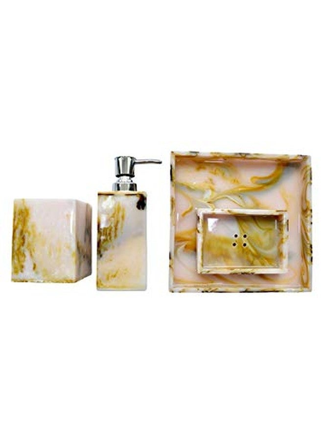 Tranquil Square | Bathroom Accessory Set | Glossy Marble Finish Yellow White Premium Design | Set of 4 | Soap Holder, Dispenser, Tumbler and Tray - Image 5